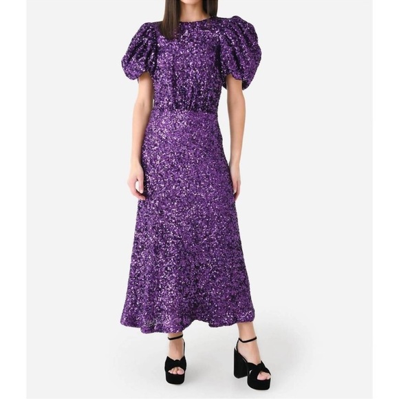 NWT Rotate Purple Magic Sequins Puff Sleeve Dress - Size 6 - Picture 1 of 10